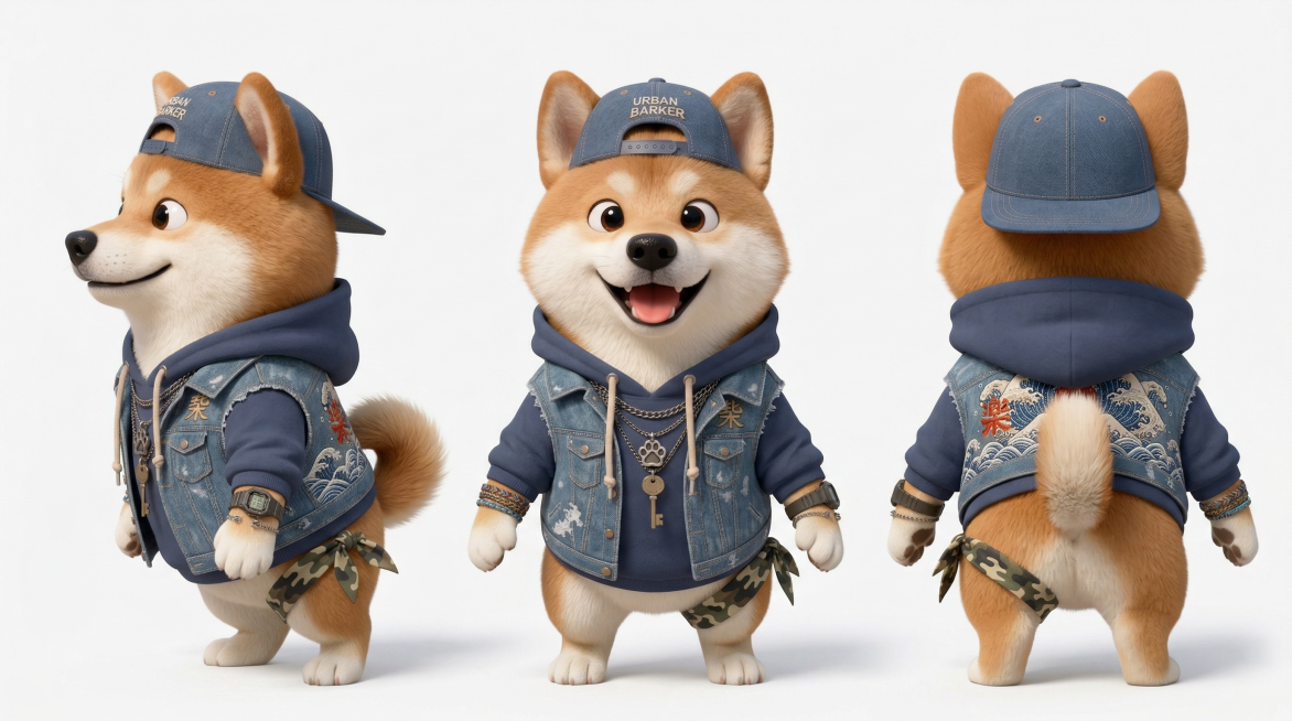 根据参考图中的可爱柴犬角色，生成该角色的标准三视图，分别为正面、侧面、背面视角，保留角色所有外观特征：反戴印有"URBAN BARKER"字样的牛仔棒球帽、深蓝色连帽衫、带有刺绣图案的牛仔马甲、多层金预览效果