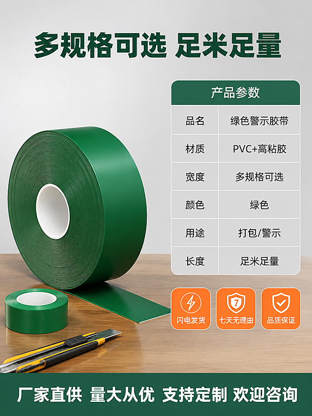 [主图-5] 绿色工业警示胶带规格参数与服务保障图，下单确认页。
[氛围风格] 清晰专业信息风，靠谱信任感。
[画质] 商业摄影质感、产品清晰、信息排版整齐、画面干净。
[元素] 画面左侧为绿色工业警示胶带卷盘主体，呈45度角展示全貌；右侧为规格参数表格区域。背景为浅灰色干净背景，底部有木质台面承托产品。产品旁边放有一小卷同款胶带和一把美工刀作为搭配展示，体现工业使用场景。**保持绿色工业胶带外观（即物理结构、材质质感、颜色、白色纸芯）与输入产品图完全一致，杜绝任何变形和色差，精细化处理**。商品主体占比约50%。
[光影] 左上方主光打亮产品，右侧柔光补光，底部有柔和反光，整体明亮均匀，产品立体感强，无影棚拍质感。
[配色] 主色深绿+浅灰，辅助色白色+深灰，强调色橙色（服务标签）。
[视角构图] 产品在左，参数表在右，左右构图平衡；平视角度，产品完整不裁切。
[文字版式] 顶部居中大标题"多规格可选 足米足量"，深绿色粗黑体大号。右侧参数区为圆角矩形浅灰底表格，表头"产品参数"深绿底白字。表格内容两行三列：「品名」「绿色警示胶带」、「材质」「PVC+高粘胶」、「宽度」「多规格可选」、「颜色」「绿色」、「用途」「打包/警示」、「长度」「足米足量」。表格下方三个橙色圆角服务标签横排："闪电发货""七天无理由""品质保证"。底部深绿色通栏白字："厂家直供 量大从优 支持定制 欢迎咨询"。
[输出要求] 3:4比例，文字清晰锐利，超高清商业摄影质感。
[负向提示词] 变形，文字错乱，产品图模糊，背景杂乱，水印，电商平台Logo，多余的手，畸形手。