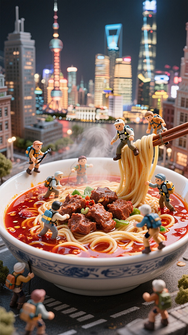 辣肉面里面攀爬和游泳的着微型探险者，上海建筑背景