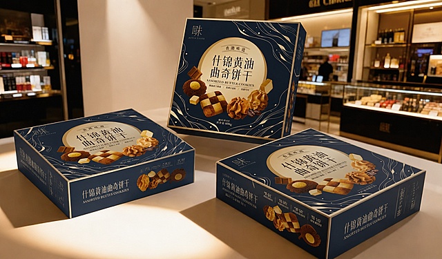 将图1的曲奇饼干包装盒设计稿，完整准确地贴到图2场景中的三个包装盒上，三个盒子的摆放位置、角度、透视关系与图2完全一致。包装盒上的所有文字、图案、logo、颜色、排版与图1设计稿完全一致，高清细节，无变形无错位。场景背景、光线、阴影、环境氛围与图2保持一致，产品与场景光影自然融合，真实的包装材质质感，高端食品礼盒摄影风格，4K超清画质。