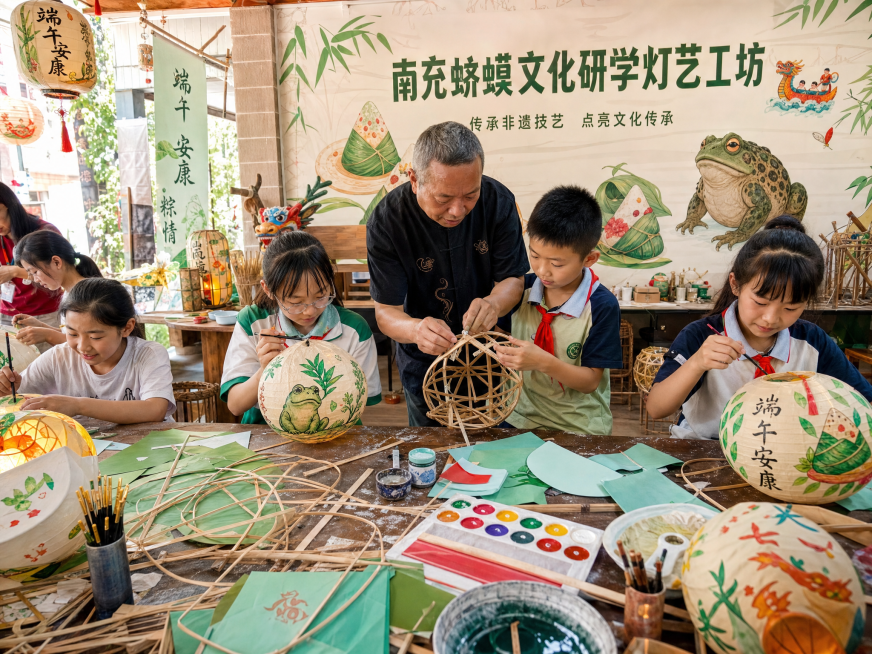 南充蛴蟆文化研学灯艺工坊，学生在做祈福灯DIY，融入端午元素，传承人指导扎架糊纸彩绘，学生在灯上写下端午安康祈福语，热闹的手工制作场景预览效果