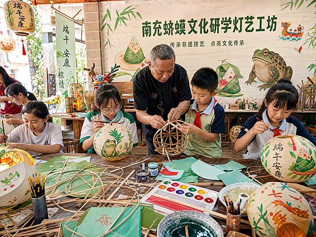 南充蛴蟆文化研学灯艺工坊，学生在做祈福灯DIY，融入端午元素，传承人指导扎架糊纸彩绘，学生在灯上写下端午安康祈福语，热闹的手工制作场景