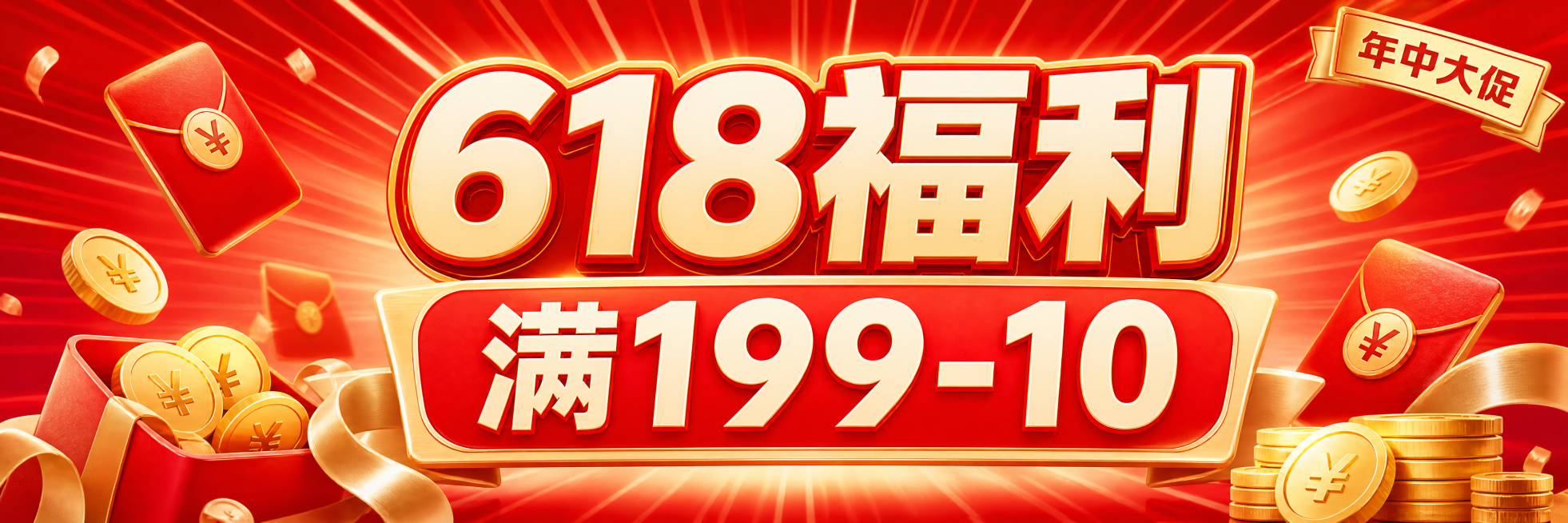 618大促活动氛围海报，750宽160高横版活动页banner，红金渐变放射背景，热烈喜庆活动氛围。主标题文字"618福利"，副标题优惠信息"满199-10"，左下角或右上角装饰"年中大促"标签。整体预览效果