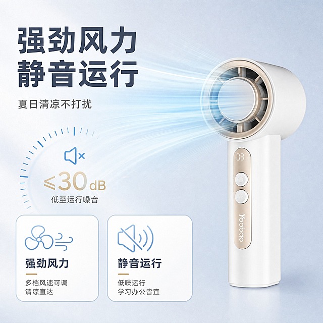 [主图-2] Yoobao羽博手持折叠小风扇 核心价值 强劲风力与静音运行双卖点
[统一基调] 清爽科技品质电商风 主色白+香槟金+浅蓝渐变 字体用现代无衬线粗体 标题字色深灰蓝 辅助字色中灰 强调色香槟金 圆角卡片与细线图标 整体干净通透有高级感
[画面] 产品位于画面右侧 正面视角略倾斜 占画面约50% 左侧为核心卖点信息区 画面中心偏左有一个大号风力可视化图形 半透明蓝色气流线条从风扇出风口向左前方吹出 气流线条由密到疏表现强劲风力 旁边配有静音图标与分贝示意 下方有两个圆角卖点卡片 分别对应"强劲风力"与"静音运行" 每张卡片配细线图标与简短说明 背景为浅灰蓝色渐变 有细微颗粒质感
[光影质感] 商业摄影质感 主光左上方 产品有真实立体感 风力气流为半透明光效 与产品出风方向一致 整体光影柔和 产品材质表现与首图一致
[配色] 背景浅灰蓝 产品白+香槟金 卖点卡片白底浅蓝边 图标蓝色 标题深灰蓝 强调色香槟金 整体科技清爽
[文字版式] 左侧上方主标题大字"强劲风力 静音运行" 副标题"夏日清凉不打扰" 下方两个圆角卖点卡片 左卡标题"强劲风力" 说明"多档风速可调 清凉直达" 右卡标题"静音运行" 说明"低噪运行 学习办公皆宜" 文字左对齐 不遮挡产品 字体统一现代无衬线 标题粗体最大 卡片标题次之 说明文字最小
[输出要求] 1:1正方形 2048x2048 文字清晰可读 产品外观结构与输入图一致 无错字 无水印 无平台logo 无多余杂物