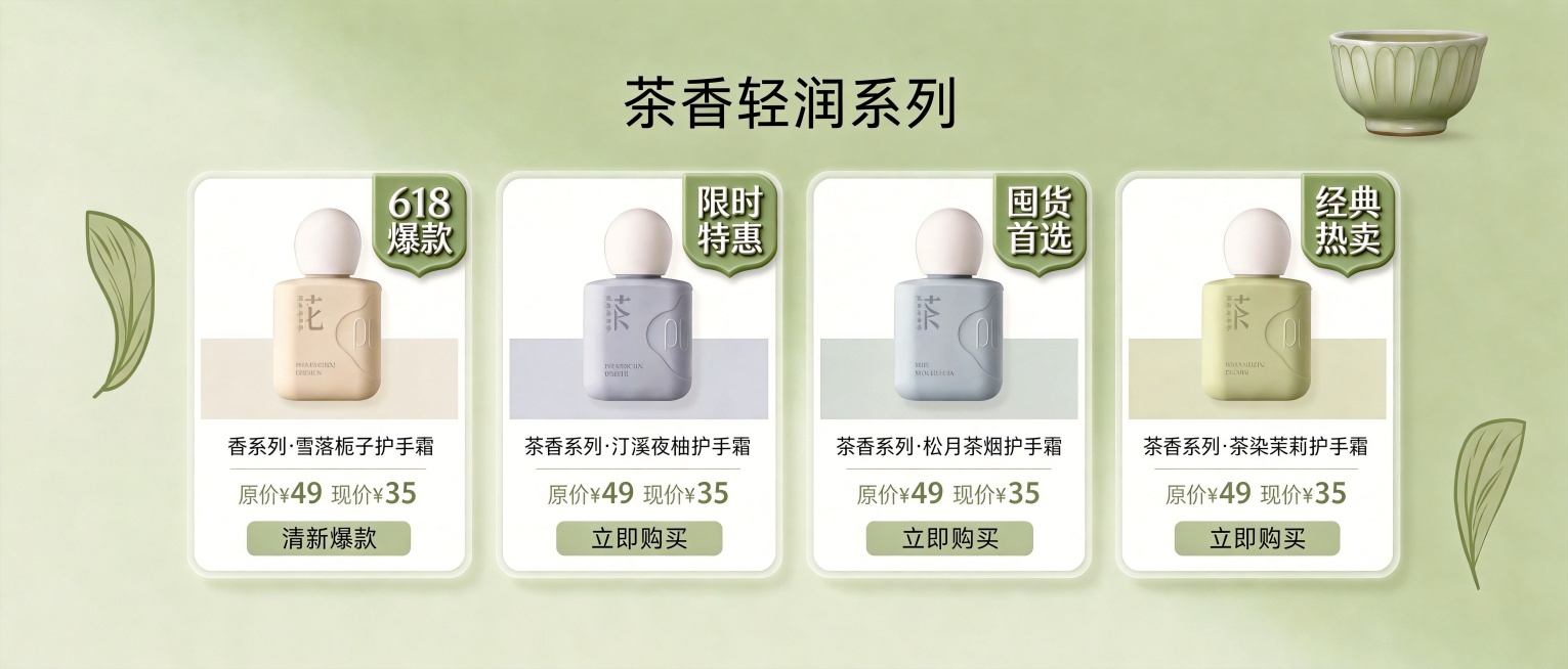 在这张图的四个商品卡片右上角都添加促销标签，每个标签添加轻微浮雕效果，使用抹茶绿底色搭配白色文字，添加极细阴影增加层次感；四个标签文字分别是：第一个卡片写“618爆款”，第二个卡片写“限时特惠”，第三预览效果