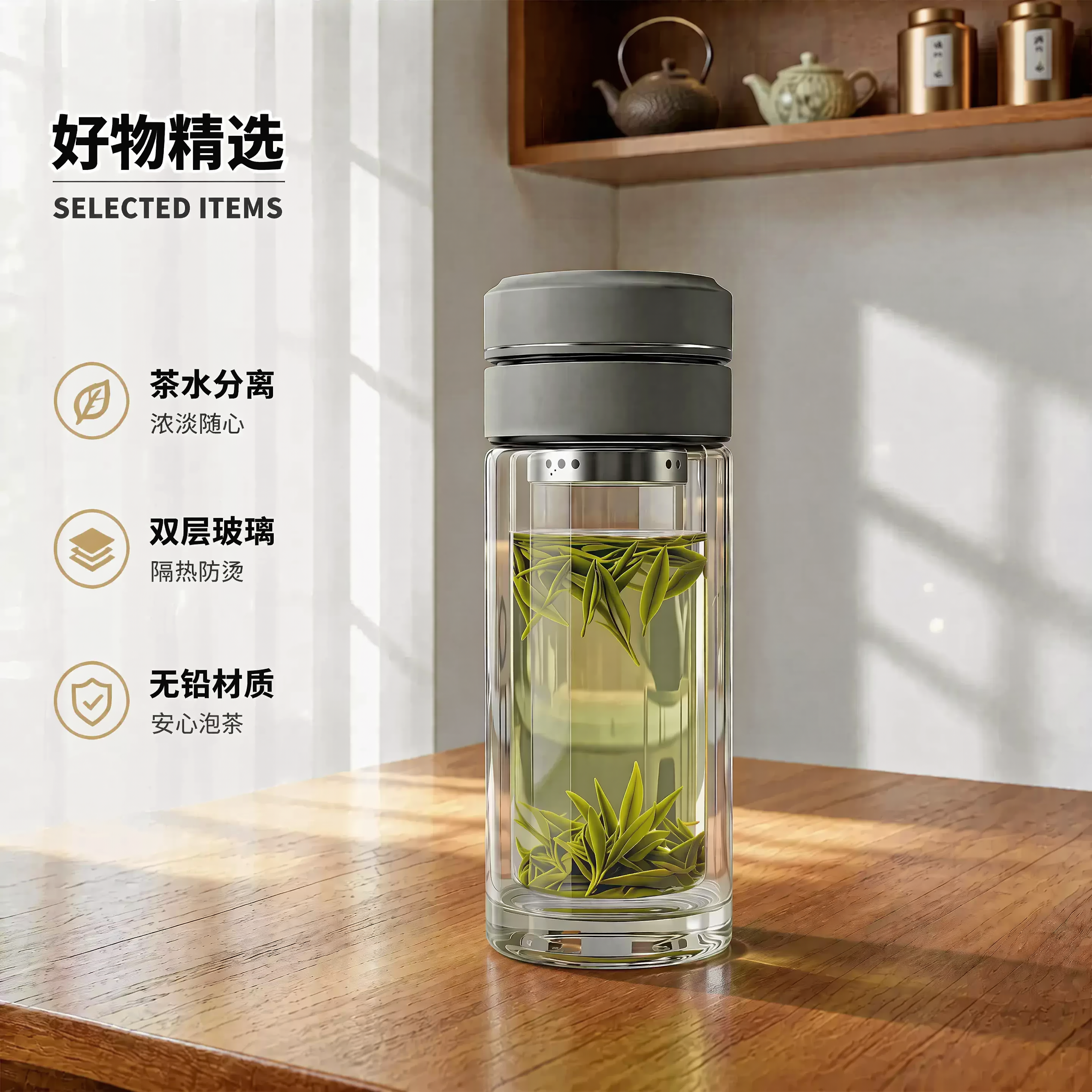 删除左侧茶水分离、双层无铅这几个大字，调整好物精选和下方三个卖… - 图片创意预览