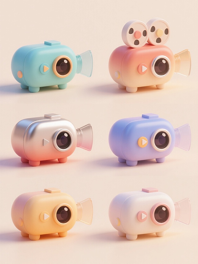 6个不同配色、不同样式、不同材质的「放映机」造型，采用圆润可爱的3D立体设计风格，每个放映机拥有独特的渐变色彩搭配和材质表现（如光滑塑料、磨砂金属、半透明亚克力等），主体结构包含镜头、播放按钮等放映机特征元素，整体呈现柔和的光影效果，高光与阴影过渡自然，放置于纯净的浅色背景上，上下两行整齐对齐排列，画面简洁明快，充满现代设计感。