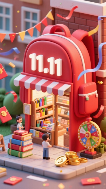 画面中央是一个巨大的书包形状的店铺，有一个白色字"11.11"的招牌，店铺内货架上摆放了各类文具，门口摆放书本、转盘、金币，红色主色调，点缀彩带、红包，学校背景预览效果