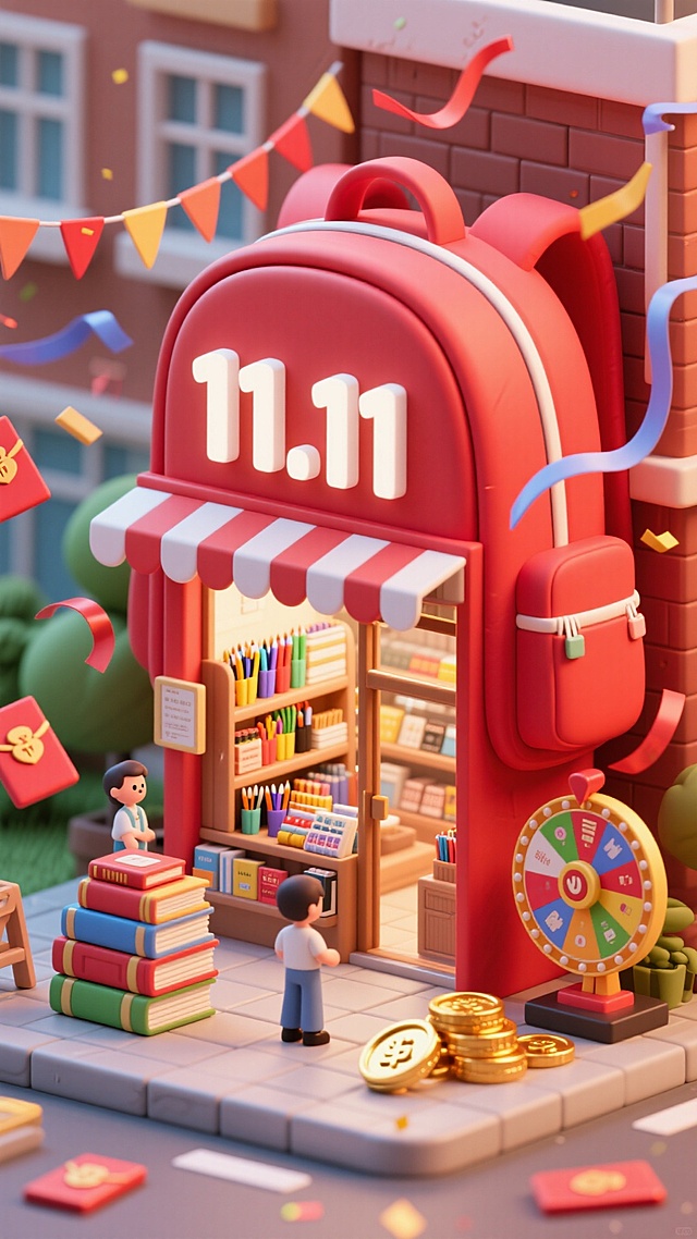 画面中央是一个巨大的书包形状的店铺，有一个白色字"11.11"的招牌，店铺内货架上摆放了各类文具，门口摆放书本、转盘、金币，红色主色调，点缀彩带、红包，学校背景