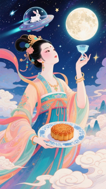 嫦娥上半身近景特写，右手拿着巨大的盘子伸向前面，里面有月饼，左手举着月光杯，人物看向前方，强烈的仰视透视感，广角镜头，背景是无垠星空，玉兔坐着外星飞船预览效果