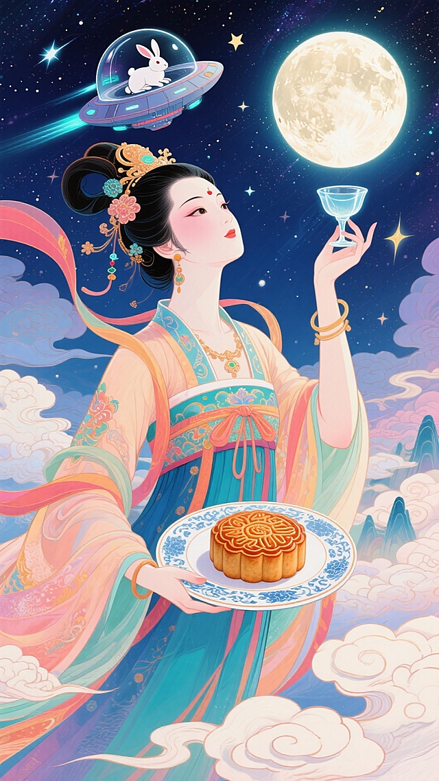 国潮风插画，嫦娥身着华美汉服，手持月饼与酒杯，仰望明月。背景融合太空飞碟与玉兔，梦幻科技感十足，水彩质感渲染唯美仙境，超现实主义演绎中秋佳节。
