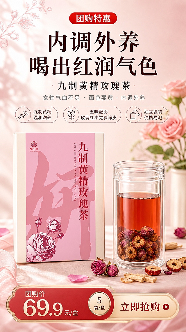 一张竖版9:16电商商品营销海报，主题为女性养生茶「九制黄精玫瑰茶」。画面整体风格温润滋养、中式养生感，粉暖渐变色调，柔和自然光，高级商业摄影质感，版式精美。

【画面主体】
画面中下部为产品主视觉区：左侧是【图1】中的粉色长方形包装盒（继中堂九制黄精玫瑰茶），右侧是一杯泡好的红褐色茶汤（参考【图2】中焖泡法的玻璃杯茶汤），旁边散落少量干玫瑰花、红枣片、黄精片作为点缀。产品包装盒100%还原上传商品图的外形、包装、LOGO、印刷文字、配色与正面朝向，以上传图为唯一商品主体来源；设计仅作用于背景、光影、道具、版式和文字区。商品主体占画面约55%~65%，文字不遮挡主体。

【背景与氛围】
背景为柔和的浅粉色到米白色渐变，左上角有淡淡的玫瑰花枝剪影与光斑，底部有轻柔的纱幔或花瓣虚化前景，营造温润、养颜、女性化的氛围。侧前方柔光照射，阴影浅淡柔和，整体干净通透、有食欲感和滋养感。

【文字排版】
画面上半部分为文案区，层级分明：
1. 顶部小标签：「团购特惠」（红色圆角标签，白字）
2. 主标题（大号加粗，深红褐色）："内调外养 喝出红润气色"
3. 副标题（中号，深棕色）："九制黄精玫瑰茶"
4. 人群定位（小号浅灰字）："女性气血不足 · 面色萎黄 · 内调外养"
5. 卖点区（产品两侧或下方，3个圆形/圆角矩形小标签）：
   - "九制黄精 温和滋养"
   - "五味配比 玫瑰红枣党参陈皮"
   - "独立袋装 便携易泡"
6. 底部价格区（醒目促销色块）：
   - 大字价格："团购价 69.9元/盒"
   - 小字补充："5袋/盒"
   - CTA按钮："立即抢购"

【数字精确约束】
画面中所有数字必须精确渲染，不得错位、遗漏或编造："69.9"、"5"。

【内容填充约束】
画面中所有信息区域、卖点标签、价格区必须填充完整合理的内容，不得出现空白框、空白占位、横线待填写区域、空列表项、空单元格；确保是完整可用的成品海报而非待填写模板。

【整体要求】
写实商业摄影风格，超高清画质，材质真实（纸盒质感、玻璃通透感、茶汤色泽），构图均衡，留白舒适，符合国内电商海报审美，信息层级清晰，促销氛围温和不夸张。