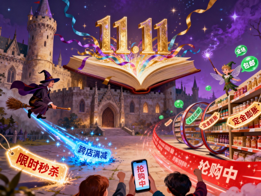 古老魔法学院背景，巨型魔法书喷出彩带，化作“11.11”立体符文悬浮在城堡上空，左侧巫师骑扫帚拖“限时秒杀”发光标签如流星划过，标签撞击地面迸发出“跨店满减”蓝色火花，右侧精灵挥魔法棒将“定金膨胀”标预览效果