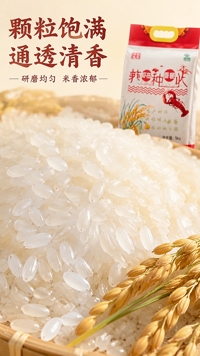 [第4屏] 稻米品质特写屏，展示虾稻田香粳米颗粒质地。本屏以米粒特写为主，包装【图1】辅助露出。
[氛围/风格] 微距写实风，突出米粒饱满通透质感，干净有食欲。
[元素布局] 晶莹饱满的粳米颗粒铺满主画面，占比约70%，展示颗粒匀净、色泽通透的品质；上方放置商品包装小型露出，右下角搭配整株稻穗装饰。
[光影质感] 侧光打光，突出米粒纹理和通透质感，明暗层次清晰，颗粒立体感强。
[配色色系] 全局底色 #FAF8F0；主色米粒玉白色；辅助色稻穗金黄、包装红色点缀。
[视角构图] 微距俯视拍摄，米粒铺满中下区域，视觉焦点集中在米粒质感上。
[文字版式] 顶部主标题「颗粒饱满 通透清香」，副标题「研磨均匀 米香浓郁」，温润书法感字体左对齐，文字不遮挡米粒主体。保持和首屏一致字体和字色。
[比例分辨率] 9:16 竖版比例，4K分辨率，文字清晰可辨，高清画质。
[负向提示词] 米粒变形，颜色失真，模糊杂乱，文字遮挡主体