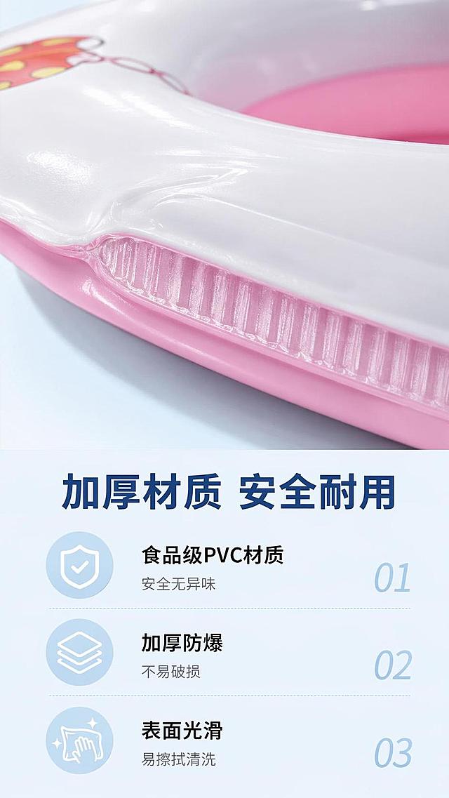 [第5屏] 材质细节页，微距展示飞鹅款宝宝游泳坐圈加厚PVC材质细节。本屏使用【图1】边缘局部做微距放大展示。
[氛围/风格] 真实质感，专业可信，突出材质安全耐用特性。
[元素布局] 画面主体为游泳圈边缘厚度和表面材质的微距特写，占比约70%；下半部分预留文字说明区域，清晰讲解材质优势；保持产品原有材质纹理和颜色。
[光影质感] 侧光打光，突出材质厚度和纹理质感，清晰展现材质密度，阴影自然。
[配色色系] 全局底色 #F0F8FF；主色白色和浅蓝色，突出产品本身颜色。
[视角构图] 微距特写视角，聚焦材质切面和表面纹理，景深适中，细节清晰。
[文字版式] 顶部主标题「加厚材质 安全耐用」，内容分三点说明：「食品级PVC材质 安全无异味」「加厚防爆 不易破损」「表面光滑 易擦拭清洗」；使用图标搭配文字，清晰易读，整体排版干净不杂乱。
[比例分辨率] 9:16 竖版比例，4K分辨率，文字清晰可辨，高清画质。
[负向提示词] 纹理模糊，材质失真，产品变形，文字过小，虚假宣传。