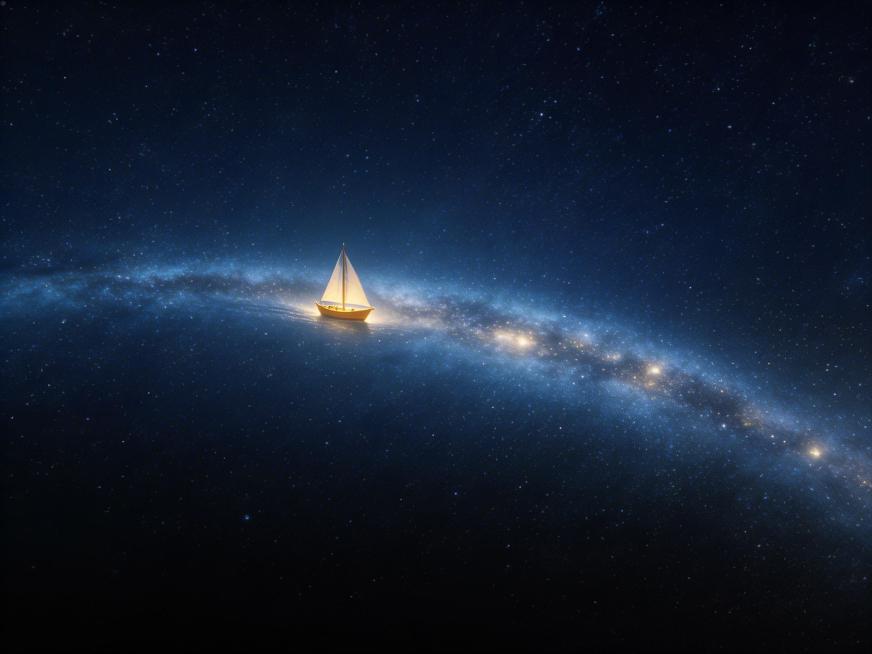一页PPT，画面比例为4：3，画面以深蓝至黑色为背景，营造出干净开阔的宇宙空间。一条流动、半透明的光带横贯其中，那是由恒星、柔和星云与细腻星辰构成的银河，宛如被引力弯曲的悬臂。在这片浩瀚中，一艘小帆船预览效果