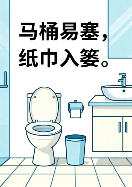 卫生间提示图，画面包含清晰的文案"马桶易塞，纸巾入篓"，设计简洁明了，干净的现代简约风格，适合张贴在卫生间公共区域，配有卫生间背景装饰元素预览效果