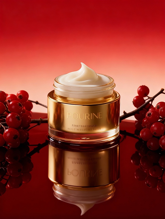 鎏金质感瓶身搭配3D立体光影，重拟物风呈现奢华优雅，红果点缀映衬节日氛围，金属光泽与柔润乳霜交织，尽显时尚高级感。