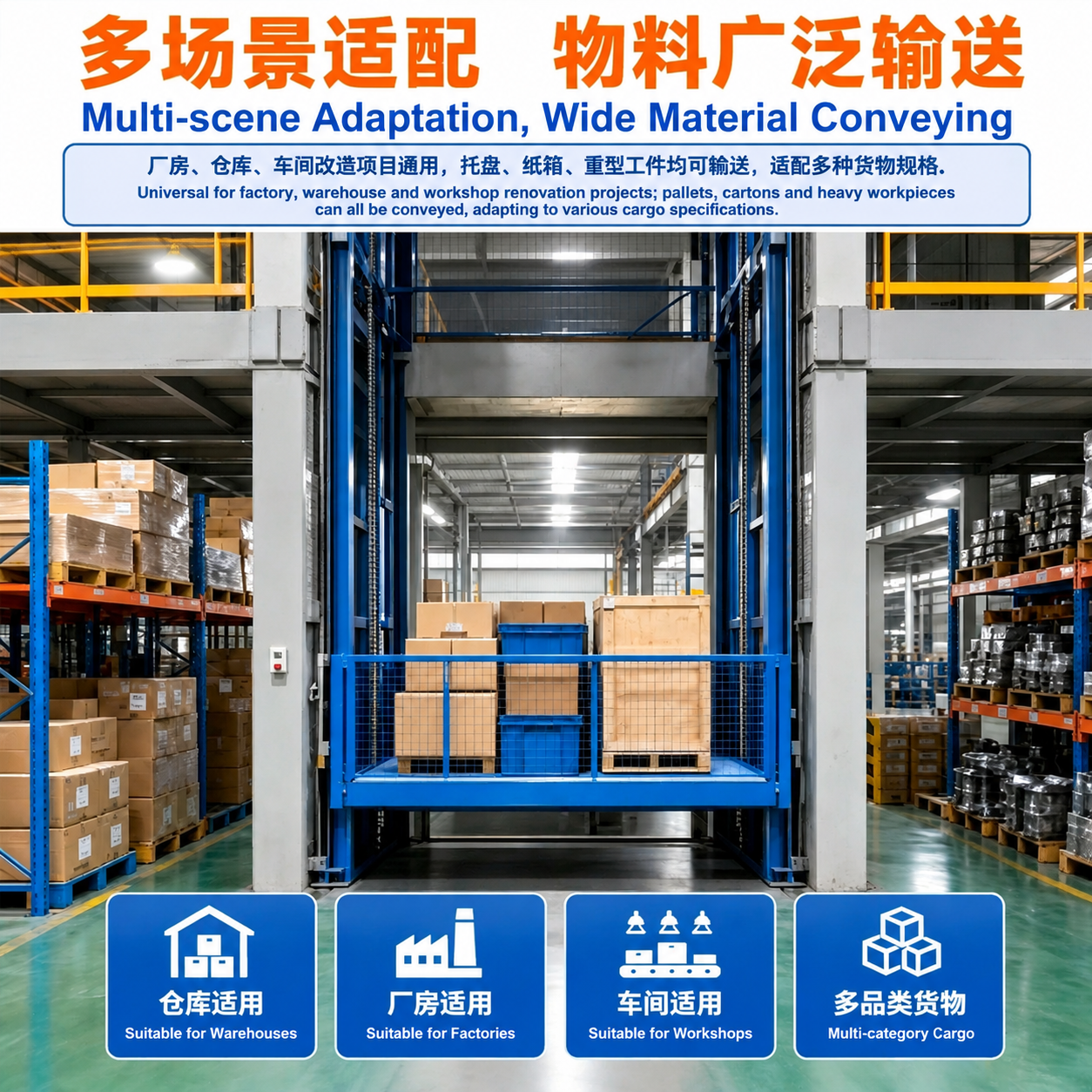 基于这张工业升降货梯的电商宣传图进行文字双语化修改：保留所有原… - 图片创意预览