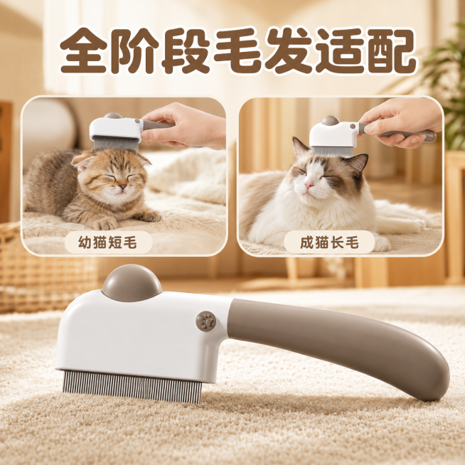 「图片1」，生成一套主图（5张），商品名称是三合一宠物梳子，卖点是一梳三用，养宠必备神器：宽齿开结、长短齿浮毛、密齿深层祛毛，全阶段毛发问题一站式解决，告别多把梳子的繁琐。，风格是温馨治愈风电商图，暖预览效果