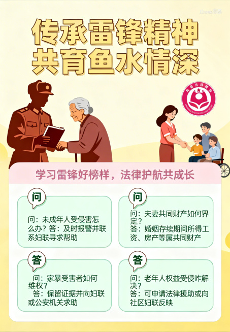 普法摆摊宣传单正面设计，生动有趣风格，主题是"传承雷锋精神 共育鱼水情深"，包含普法宣传口号，四个一问一答式的法律知识科普，整体色调温暖活泼，搭配雷锋主题和妇联活动的元素，排版清晰易读预览效果