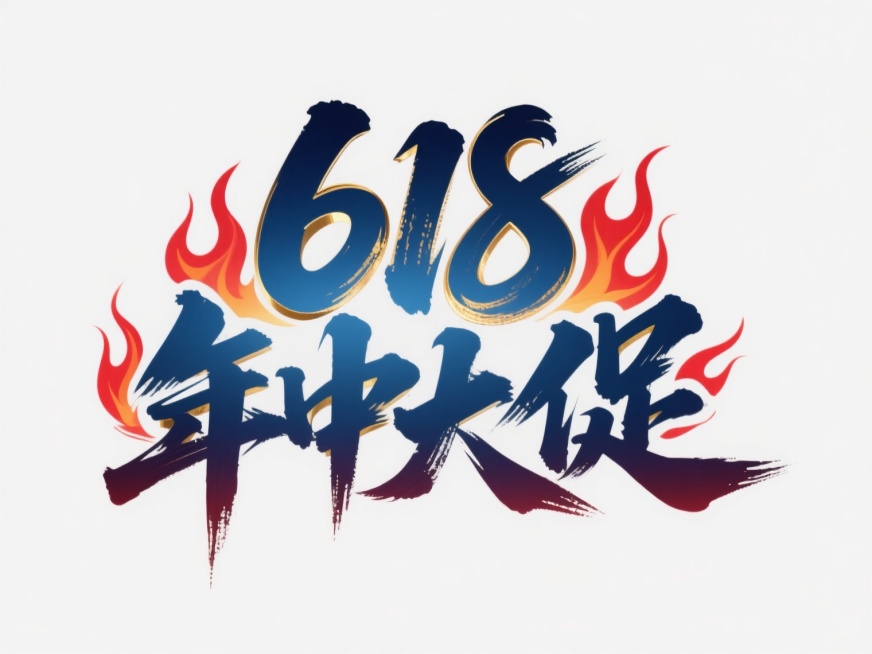 毛笔书法风格的“618年中大促”文字设计，深蓝色渐变笔触，带有锐利的金色高光和红色火焰状装饰线条，保持原有的动感字体造型和文字排布，背景为纯白色，无其他元素干扰，突出促销主题的视觉冲击力。预览效果