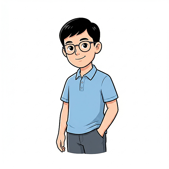 参考提供图片中的卡通插画设计风格，生成一位青年男老师，干净短发，穿polo衫，单手插兜，歪头微笑，纯白色背景