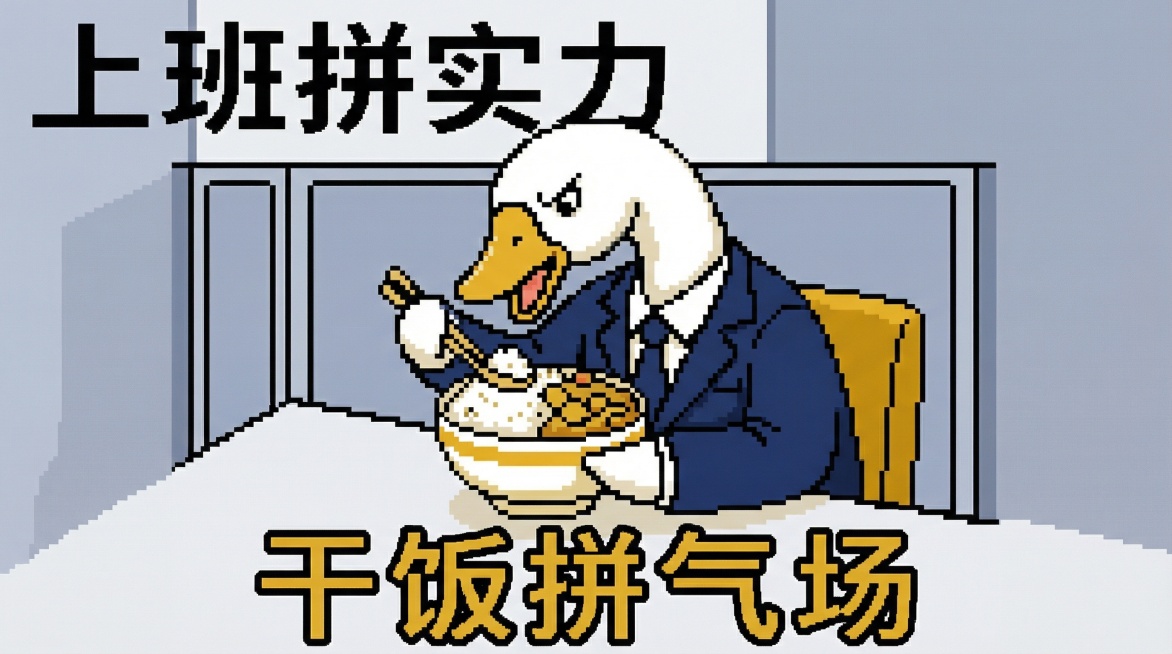 参考大白鹅这个元素生成像素风插画：上班拼实力，干饭拼气场预览效果