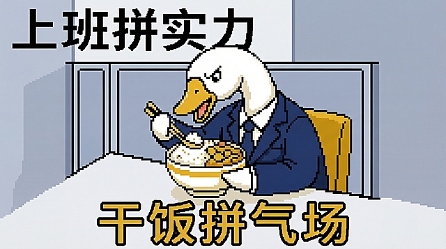 参考大白鹅这个元素生成像素风插画：上班拼实力，干饭拼气场