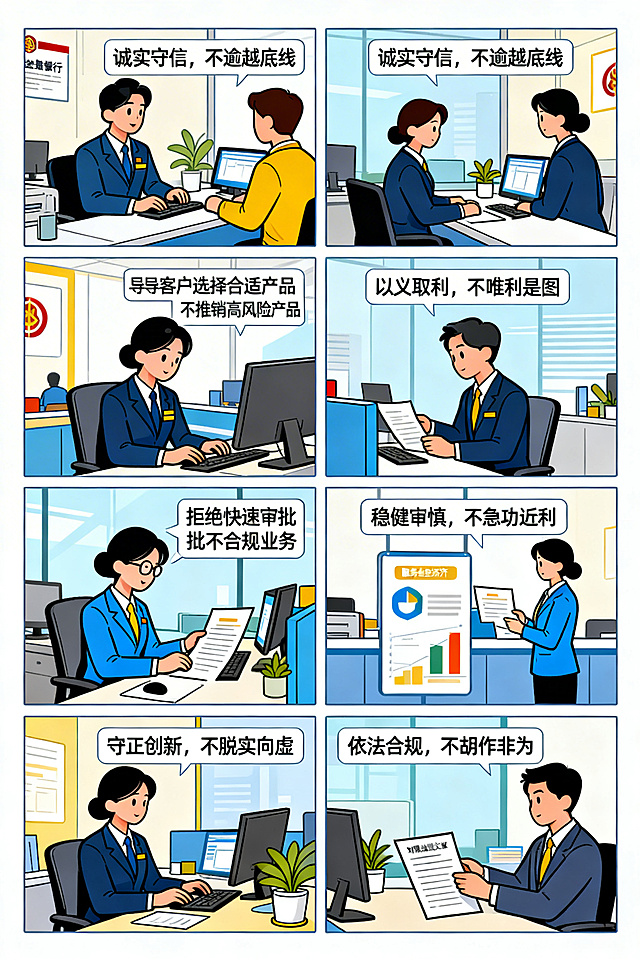 银行金融部门场景，五组漫画分别对应：1.要诚实守信，不逾越底线：银行工作人员认真为客户办理业务，拒绝违规操作；2.要以义取利，不唯利是图：工作人员引导客户选择合适产品，不推销高风险产品；3.要稳健审慎，不急功近利：工作人员仔细审核资料，拒绝快速审批不合规业务；4.要守正创新，不脱实向虚：工作人员展示服务实体经济的创新金融产品；5.要依法合规，不胡作非为：工作人员对照法规文件开展工作，摒弃违规操作。整体风格为简洁易懂的职场漫画，色彩明快