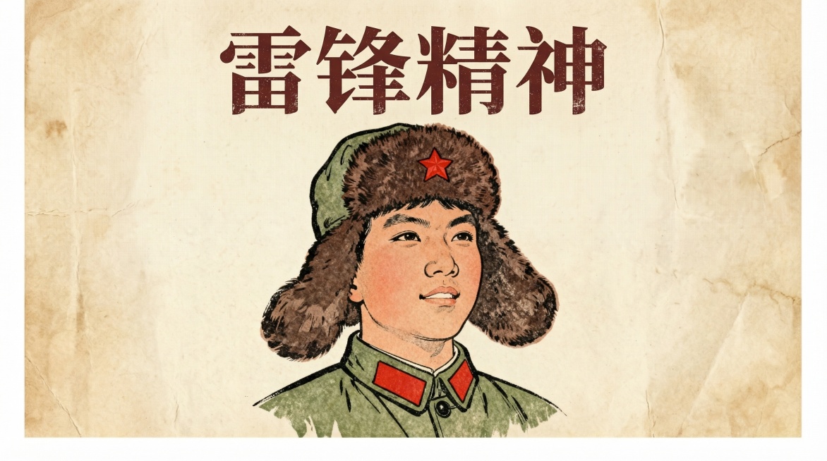 简笔精美工笔画老课本风格横屏海报，使用参考图的雷锋头像，“雷锋精神”文字采用复古宋体，背景为米黄色老纸张质感，排版清爽大方预览效果