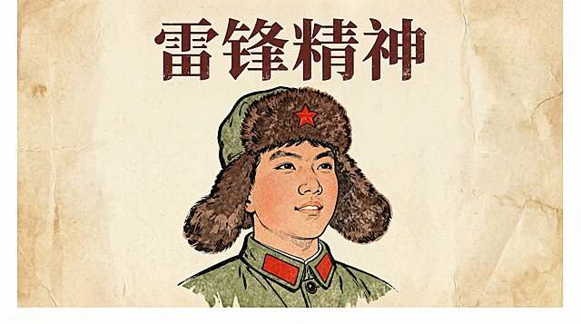 简笔精美工笔画老课本风格横屏海报，使用参考图的雷锋头像，“雷锋精神”文字采用复古宋体，背景为米黄色老纸张质感，排版清爽大方
