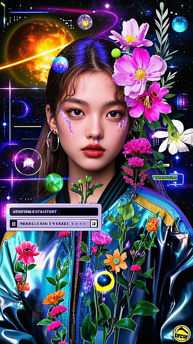 时尚的少女头像正面特写，复古未来主义，图像拼贴，图像轮廓提取，合成艺术，酸性设计，拼贴艺术，鲜花，植物元素，宇宙元素，生物元素，科技产品元素，复古电脑界面，复古工具栏，大光标，科幻，裁切感，细节精致，配色高级，创意作品，杰作