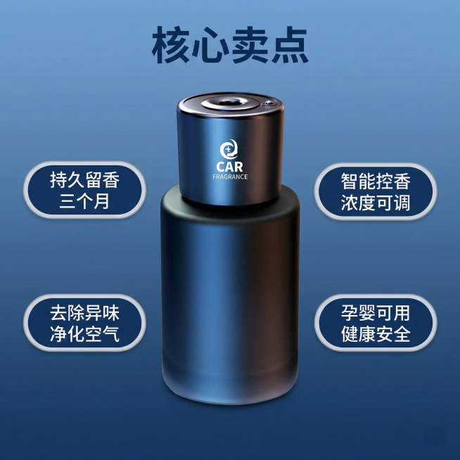 [主图 2] 车载香薰核心卖点展示
[氛围/风格] 商务简约风格，干净专业，清晰通透。
[画面元素] 保持原产品外观，深蓝色车载香薰位于画面中心，背景渐变深蓝色，简洁干净。围绕产品排列4个胶囊标签展示预览效果