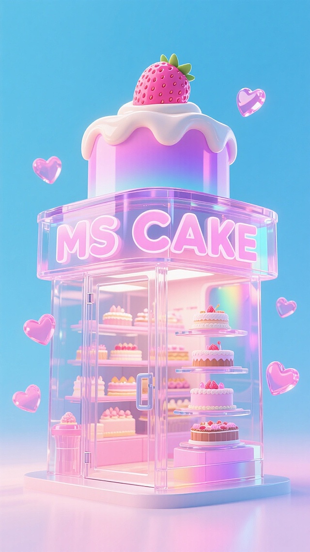 梦幻3D风格的蛋糕店，透明玻璃柜内陈列着精致甜点，顶部草莓蛋糕与霓虹灯招牌营造出甜蜜可爱氛围，粉色心形漂浮其间，清透柔和的光影带来虚拟现实般的梦幻感。