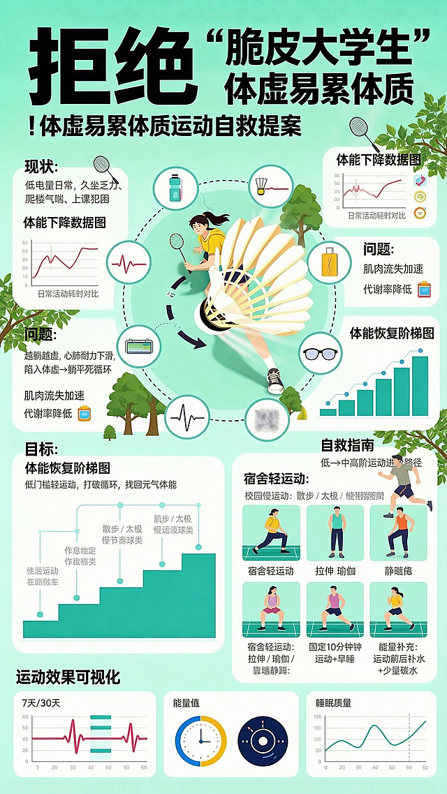 保留原图原有结构和全部内容，仅在海报空白位置添加符合主题的新图案：添加羽毛球元素、活力青年运动小插画、电量渐变图表、大树绿叶装饰图案，保持整体浅绿色清新风格不变，不要修改原有文字和排版结构