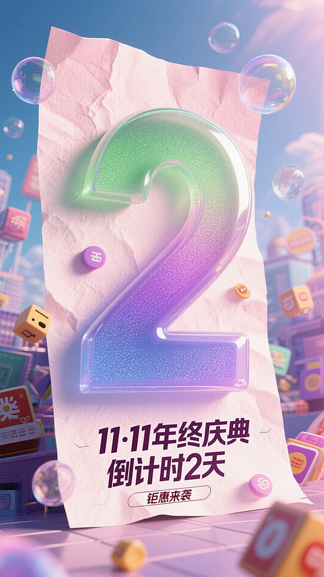 “11·11年终盛典 倒计时2天”中的“2”要大突出，成为画面主体，透明气泡质感。下方”钜惠来袭“字样。淡粉绿紫蓝拼色肌理感纸面背景，活动氛围，促销元素包围