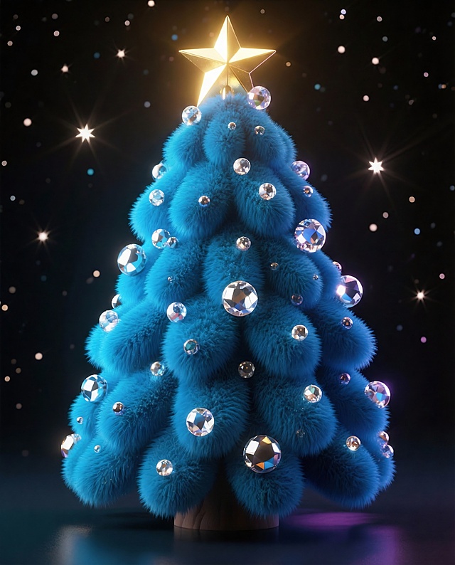 梦幻蓝绒圣诞树，毛绒风与玻璃风结合，3D重拟物设计，璀璨水晶点缀，金色星顶闪耀，唯美奢华的虚拟自然节日景象。