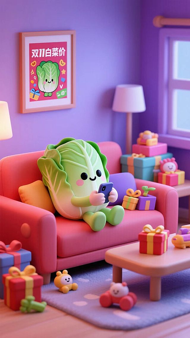 主视觉为一个白菜小人躺在沙发上刷手机购物，沙发旁放着堆满商品礼盒、玩具，写着“双11白菜价”的卡通挂画挂在墙上，客厅场景，红紫色调。