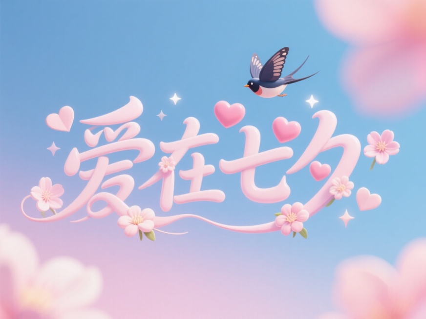 “爱在七夕”，Q萌3D立体字体，文字边缘缀有梦幻花瓣和立体爱心，喜鹊、蝴蝶、小星星围绕漂浮，背景是粉蓝渐变天空与柔焦光晕，整体如童话般梦幻甜美，立体效果清晰柔和预览效果