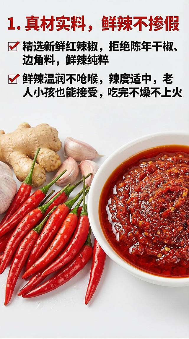 左侧摆新鲜现摘红辣椒、生姜、大蒜，洗净沥干，色泽鲜亮，右侧摆1碗用用户提供的远嫂原味辣椒酱舀出的酱料，特写，质地细腻，背景浅灰色，干净清爽。文案排版：顶部左对齐"1. 真材实料，鲜辣不掺假"加粗，红色，字体较大；下方左对齐分两行"✅ 精选新鲜红辣椒，拒绝陈年干椒、边角料，鲜辣纯粹""✅ 鲜辣温润不呛喉，辣度适中，老人小孩也能接受，吃完不燥不上火"字体加粗，黑色，字体略小，✅符号红色。整体排版整齐，重点突出，字体大小：标题>正文