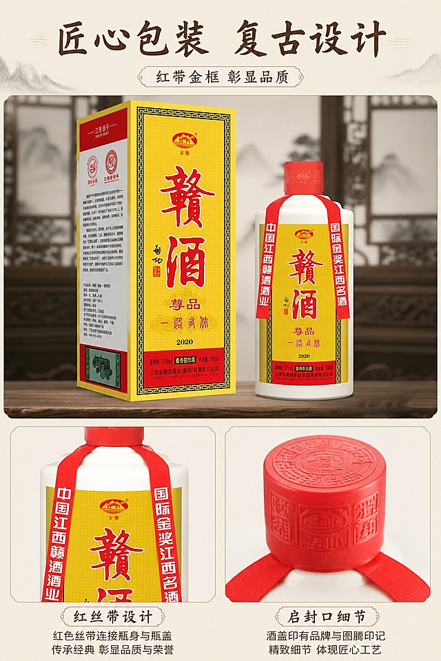 [第6屏] 详情页包装细节屏-赣酒尊品瓶盒包装细节展示。本屏使用【图1】产品图。
[氛围/风格] 写实细节风，清晰展示包装设计与工艺，干净利落的商业细节质感。
[元素布局] 画面纵向分为上下两部分，上半部分为包装盒与酒瓶整体展示，左盒右瓶放置；下半部分分别放大展示瓶肩红丝带细节和瓶身启封口细节，两个细节小图左右排列；所有产品细节保持与输入原图结构、颜色、文字完全一致。
[光影质感] 均匀柔光照明，各个细节区域明暗清晰，纹理突出，阴影过渡自然。
[配色色系] 全局底色 #F7F3EB；主色米白底，辅助色红金包装颜色，深棕文字。
[视角构图] 上下分屏结构，上整体下细节，纵向阅读动线清晰，构图层次分明。
[文字版式] 沿用首屏书法字体，顶部标题「匠心包装 复古设计」，副标题「红带金框 彰显品质」，文字不遮挡产品主体，每个细节图配小字标注说明，文字大小适配移动端清晰可读。
[比例分辨率] 3:4竖版比例，4K分辨率，文字清晰可辨，高清画质。
[负向提示词] 包装变形，细节模糊，文字错乱，颜色偏差，缺件错件
