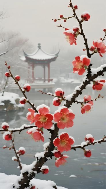 一幅宏伟的中国古风水墨画，描绘深冬时节一枝覆着皑皑白雪的红梅。背景是雾气朦胧的古典园林，远处亭台若隐若现。构图优雅疏朗，充满诗意的宁静和永恒感。大师级作品，超精细细节，微妙的水墨纹理，花瓣上点缀着细腻预览效果