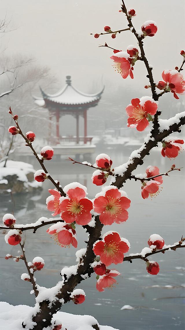 水墨风与实景融合，雪中红梅映衬古典亭台，朦胧静谧，尽显中式优雅与文艺意境。