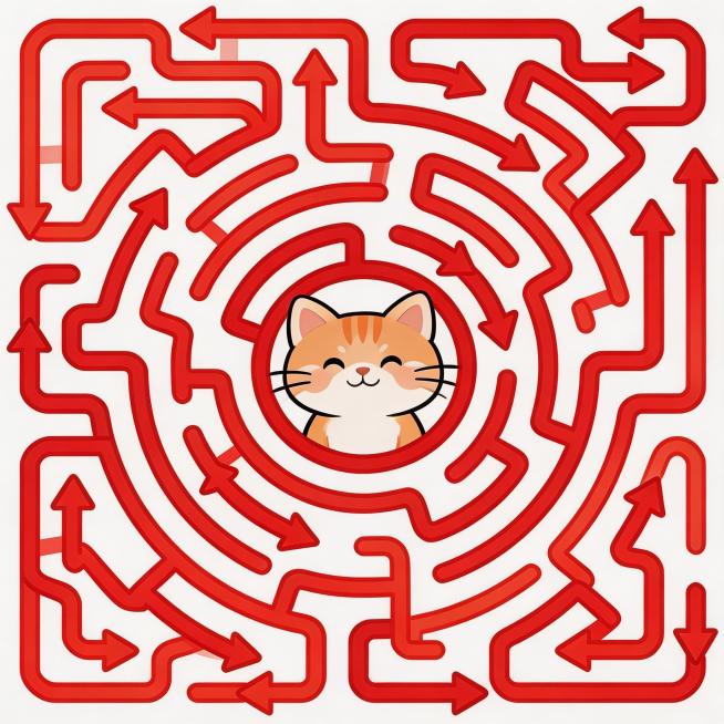 保持原图的迷宫结构不变，将中心的小熊猫替换为可爱的卡通小猫，所有迷宫线条和箭头的颜色换成红色，白色背景，高清细节预览效果