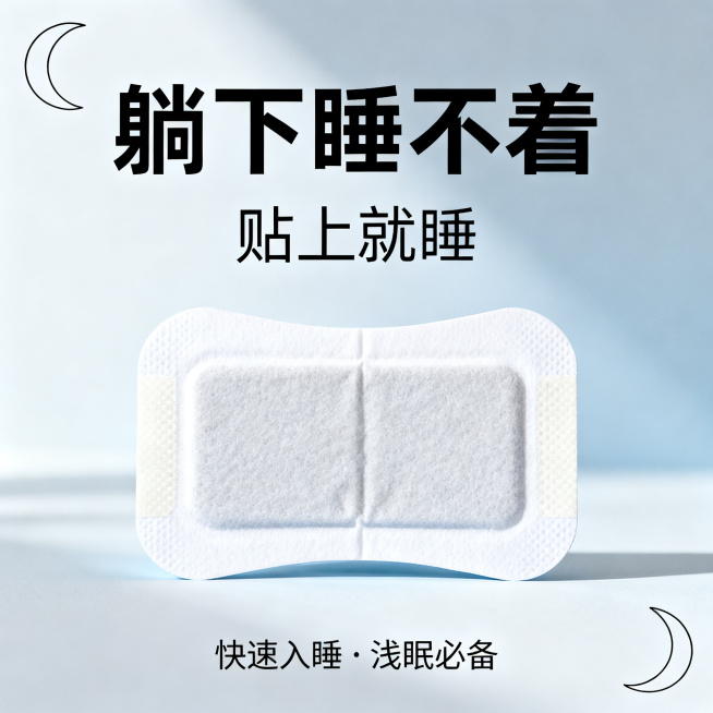 [主图 3] 舒眠贴产品主图，口语化风格适配年轻人。[氛围风格] 简约现代，轻松氛围感，年轻感电商风。[画质] 商业摄影质感，光线柔和通透，产品清晰真实，画面干净高级。[元素] 舒眠贴产品居中放置，浅预览效果
