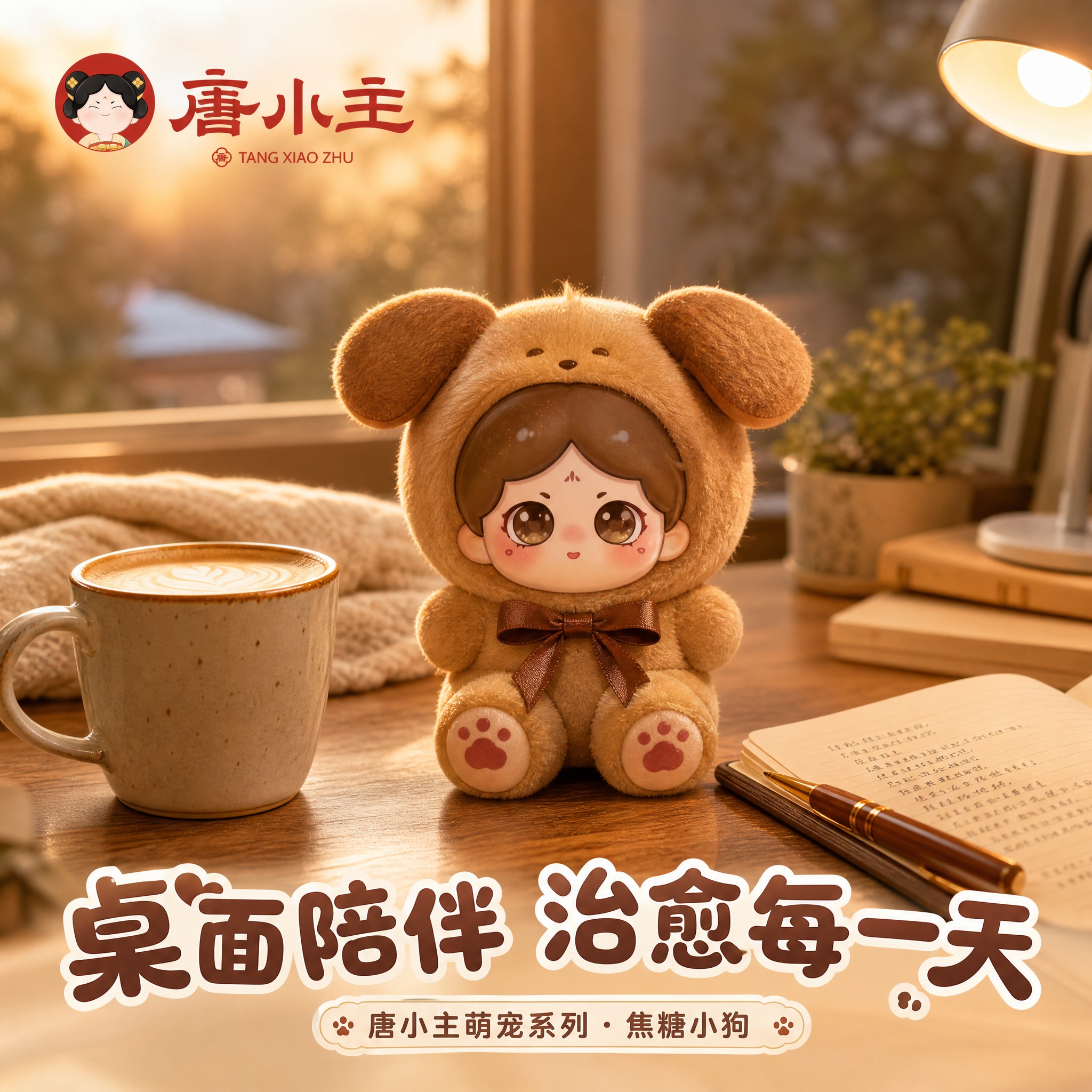 [主图-4] 焦糖小狗款盲盒场景展示图，展示桌面陪伴场景，传递… - 图片创意预览