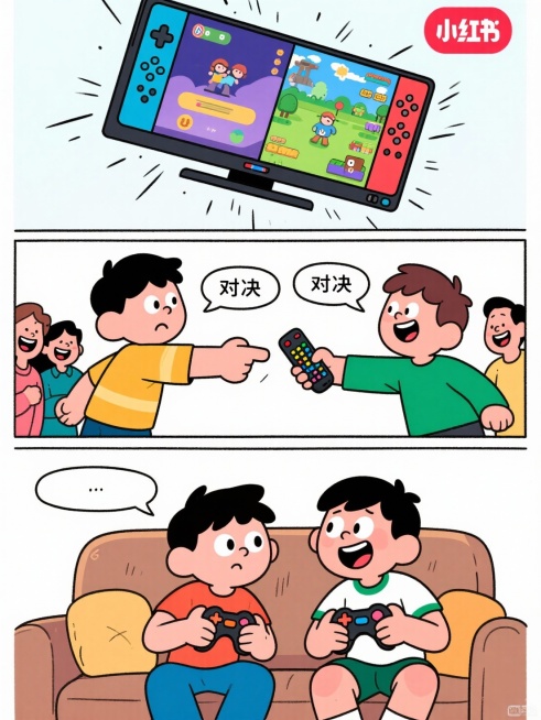 活泼卡通风格，竖版三格小红书漫画。第一格：客厅里，两兄弟为了抢一个电视遥控器摆出“对决”姿势，表情不满。第二格：一台超大屏游戏电视从天而降，屏幕分成两半同时运行不同的游戏，两人目瞪口呆。第三格：兄弟俩预览效果