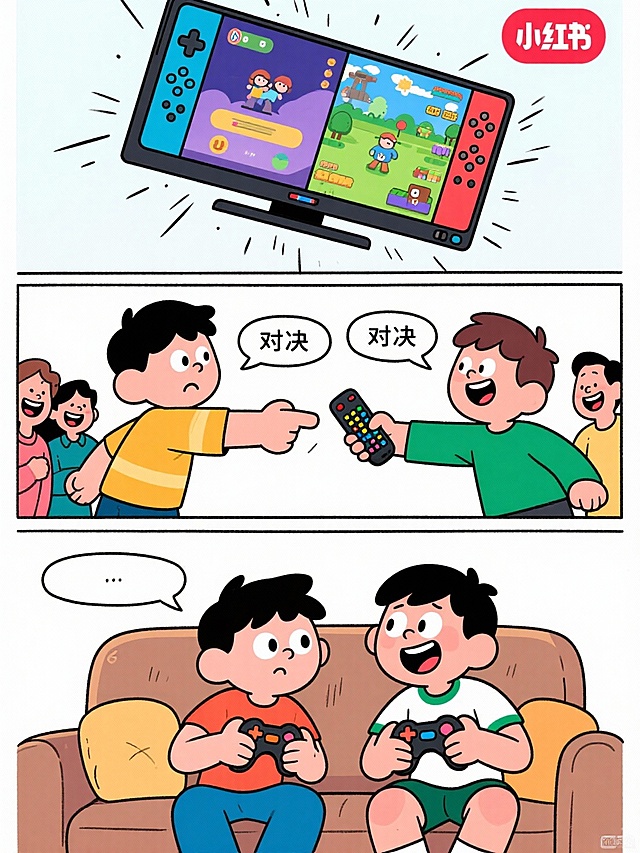 活泼卡通风格，竖版三格小红书漫画。第一格：客厅里，两兄弟为了抢一个电视遥控器摆出“对决”姿势，表情不满。第二格：一台超大屏游戏电视从天而降，屏幕分成两半同时运行不同的游戏，两人目瞪口呆。第三格：兄弟俩并肩坐着，开心地一起用手柄玩游戏，家人在身后欢笑。色彩鲜明，视角动态，背景干净。
