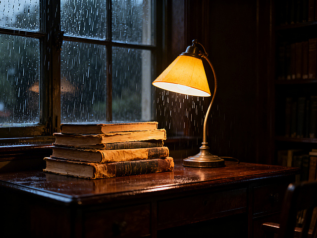 深夜静谧的老图书馆内部照片，暖黄色台灯照亮木质书桌，堆叠的旧书籍，窗外下着淅淅沥沥的雨夜，深色木质书架隐在阴影里，复古温馨的氛围感，充满故事感，写实摄影